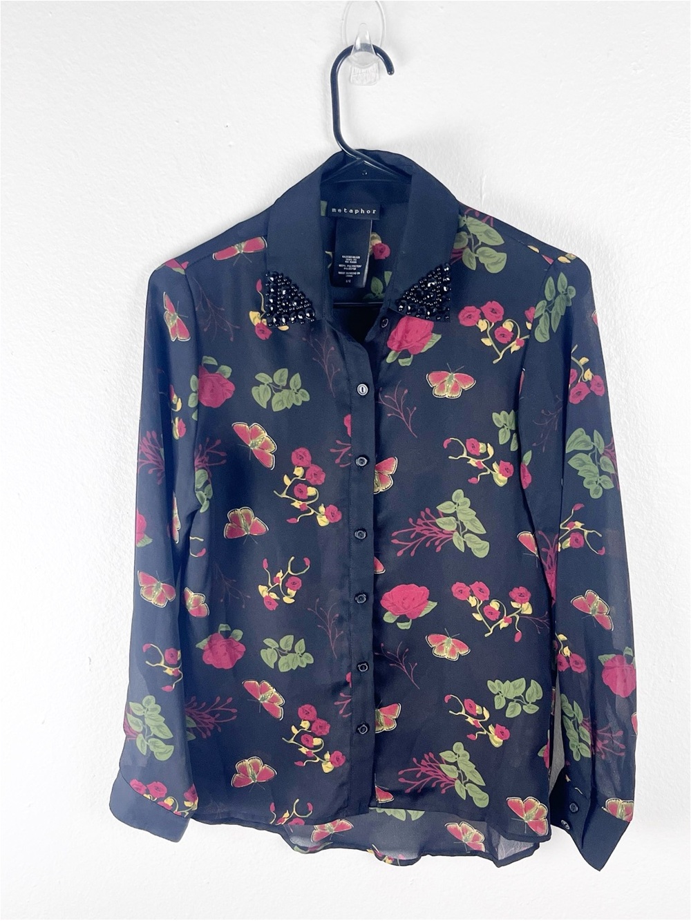 METAPHOR Black Floral Sheer Beaded Collar Button Blouse Size Small Y2K 90’s Boho